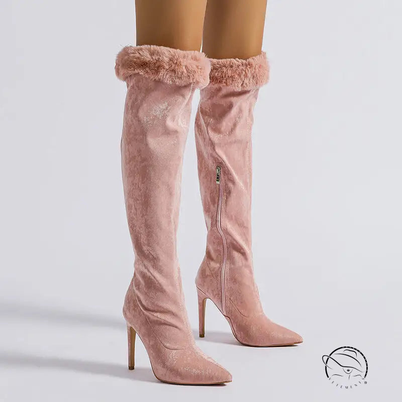 Pink heel high leg boot with fur-trimmed stiletto thighs