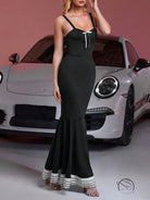 Elegant langry black mermaid sheath swing dress with white bow