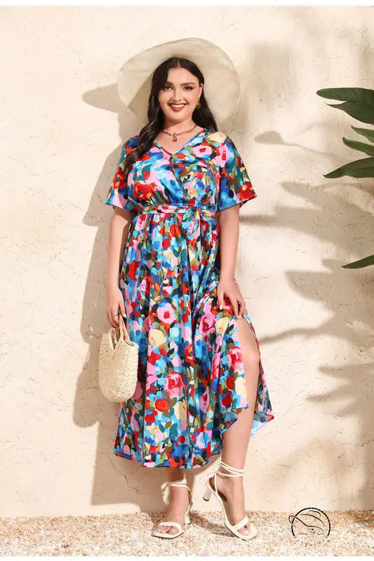 Plus-size woman in colorful rose holiday dress, V-neck chiffon