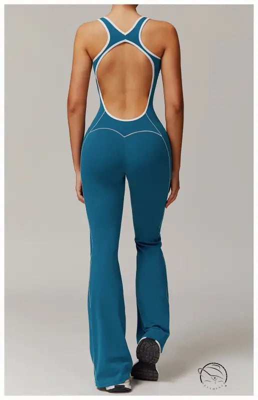 Teal open-back langry yoga jumpsuit with hip lifting pleated design