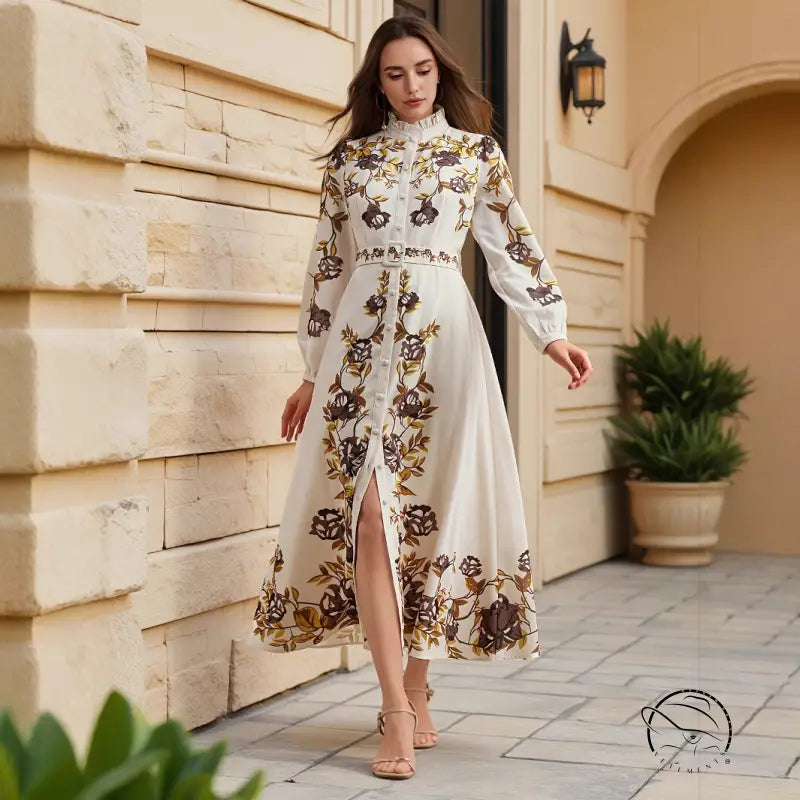 Elegant ivory maxi dress with floral embroidery and slimming waist