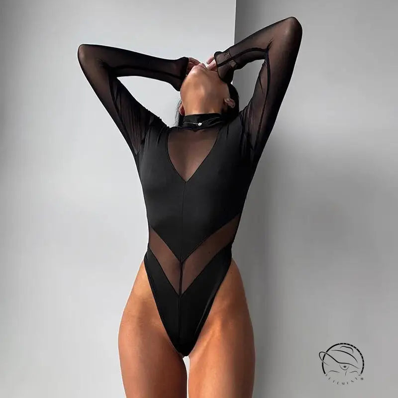 Black mesh-paneled hot skinny jumpsuit with long sleeves and high neckline