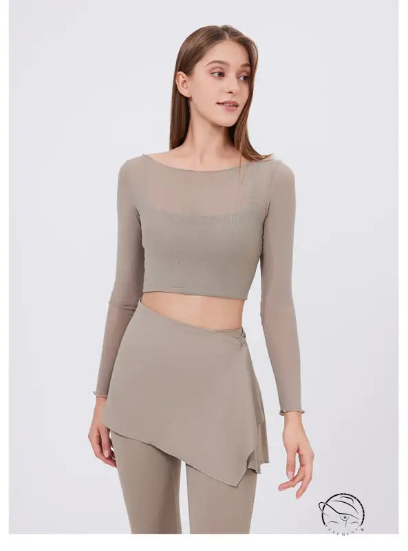 Taupe faux two piece mesh sports long sleeve crop top with asymmetrical wrap skirt