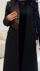 Black abaya trench coat with gold maroon embroidery, langry fashion ملابس