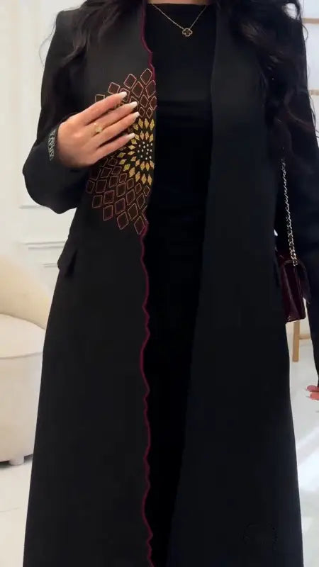 Black langry abaya trench coat with gold maroon embroidery, fashion ملابس