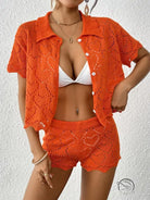 Beautiful beach sets: orange knit shorts and button-down shirt