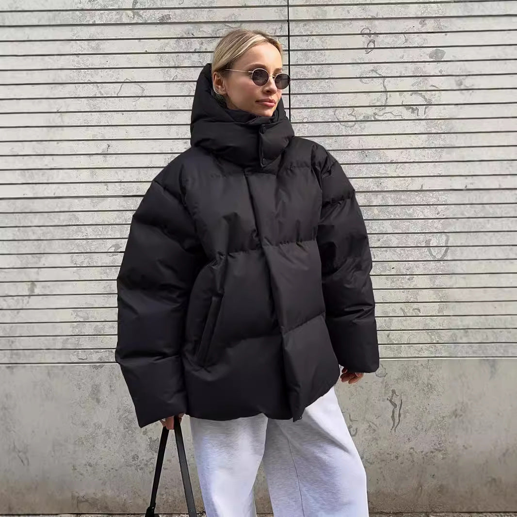Black puffer jacket from Cotton Coat Jacket, perfect for fashionable winter ملابس