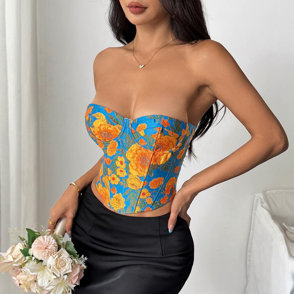Langry fashion blue orange floral strapless corset top with black leather skirt