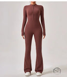 Brown long-sleeved one piece sportswear jumpsuit with flared legs and front zipper