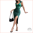 Emerald green lace bodice satin skirt midi dress with high slit, fashionable elegant sheath fashion