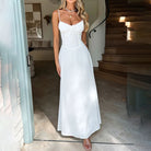 Elegant Lace up A line Dress featuring a white spaghetti strap design for fashion enthusiasts