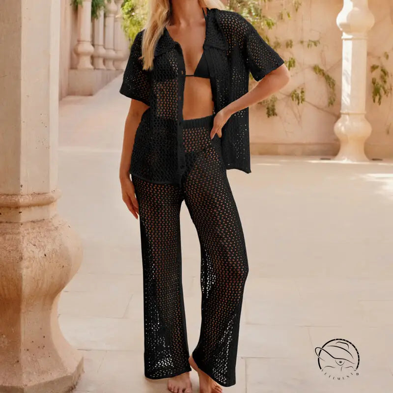 Black crochet beach loose shirt and wide-leg pants set