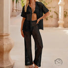 Black crochet beach loose shirt and wide-leg pants set