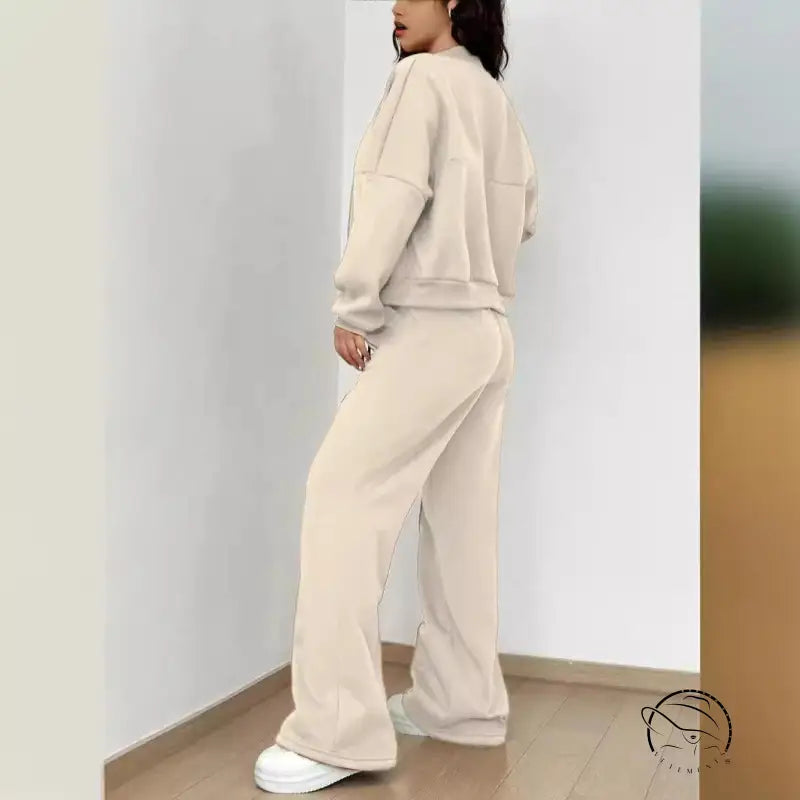 Trendy cardigan two piece set in beige sweatshirt and pants