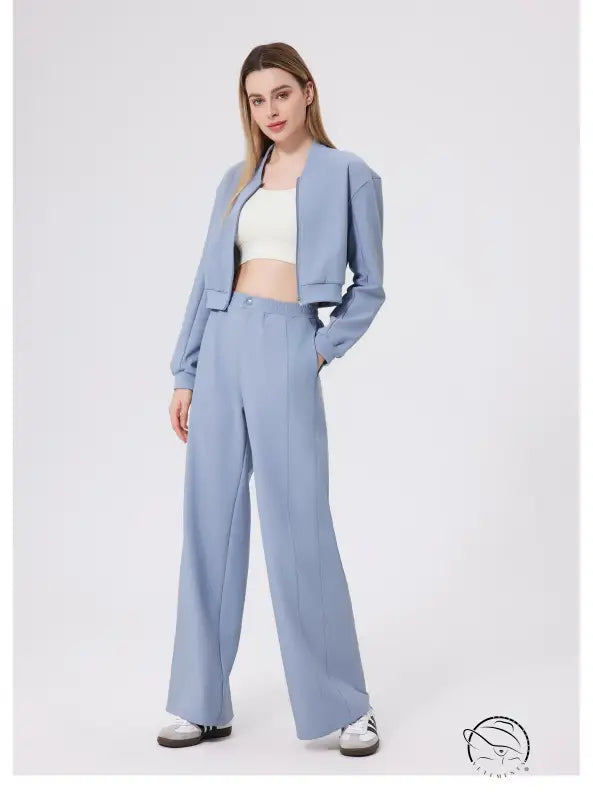 Light blue loose fitness warm pants with cropped blazer and white top