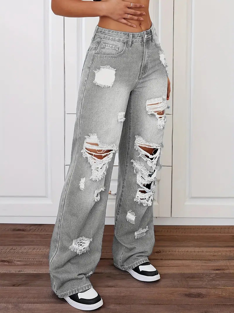 Distressed light gray Langry fashion jeans with black and white sneakers