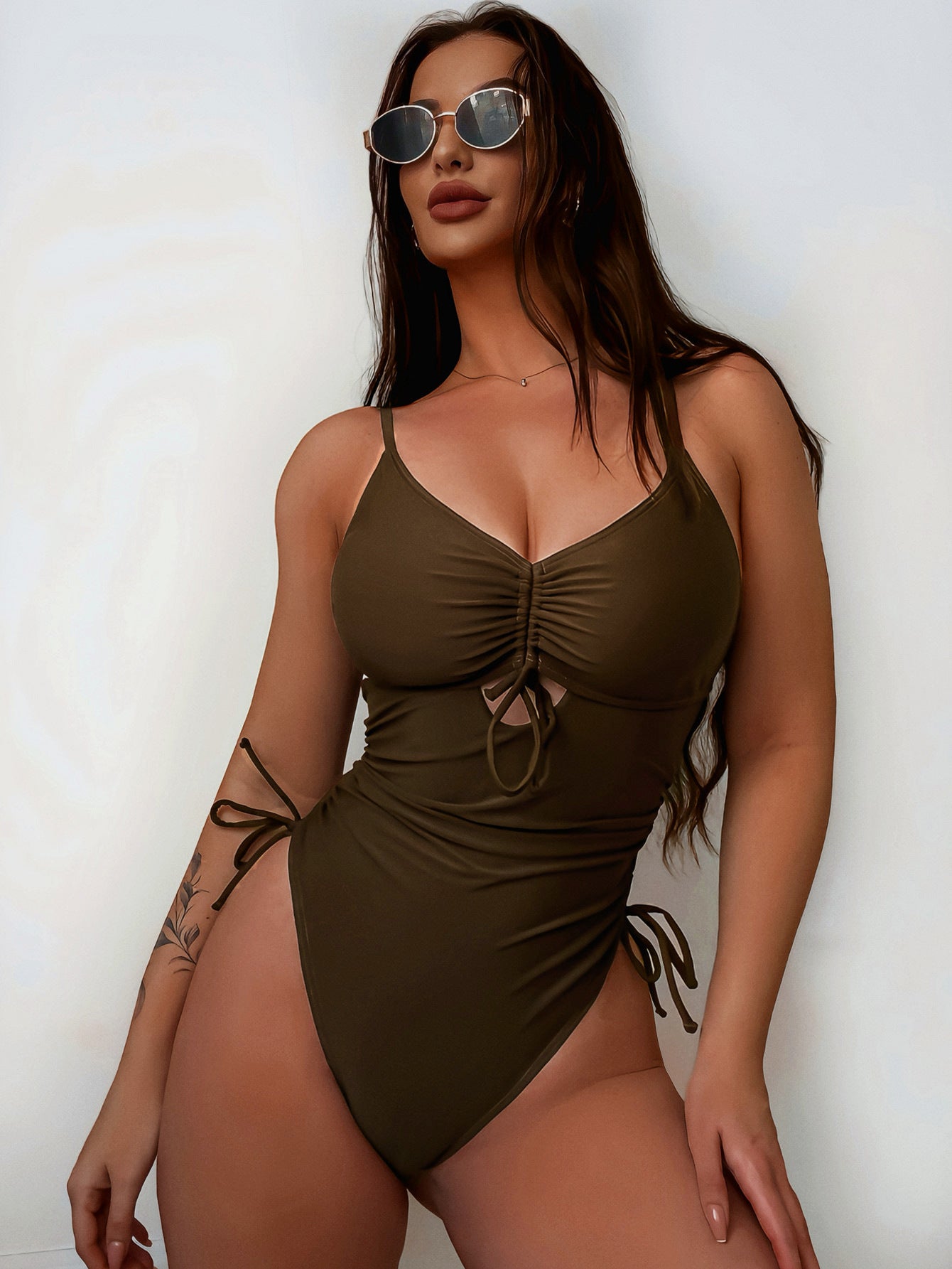 Brown Cutout Strap One Piece Swimsuit featuring ruched front detail in fashion ملابس
