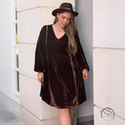 Dark brown velvet loose slimming casual dress with V-neck and voluminous sleeves