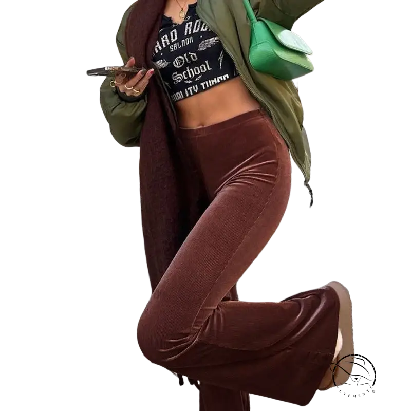 High waist slimming bootcut brown velvet flare pants