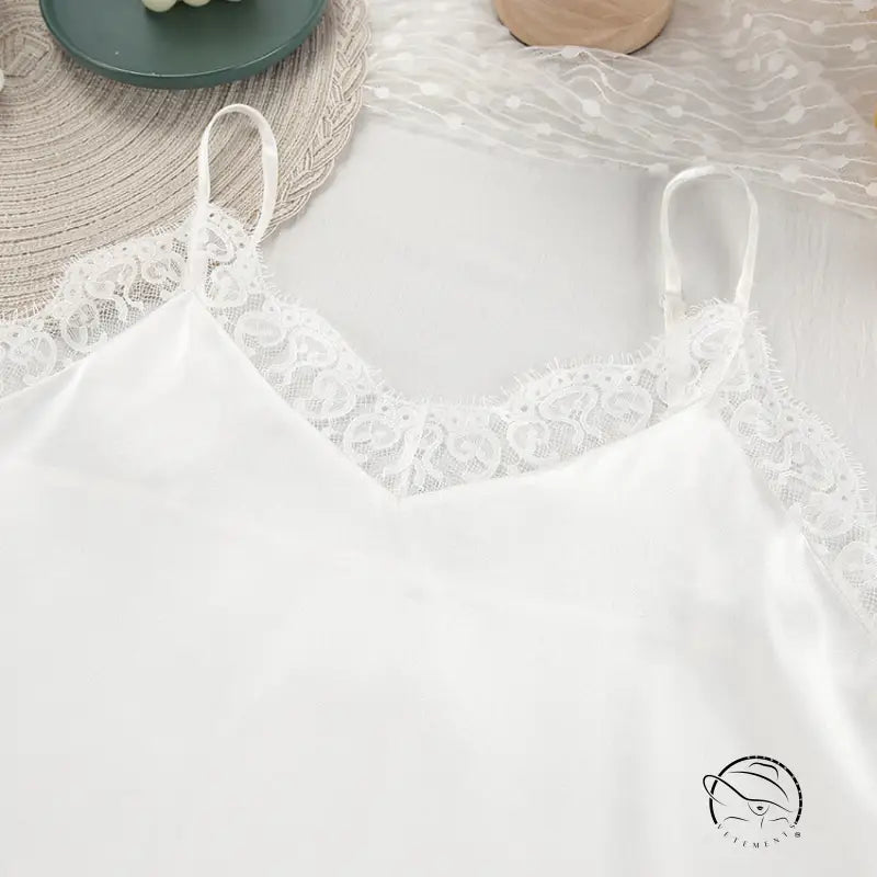 White langry satin camisole with lace trim in breathable ice silk pajamas