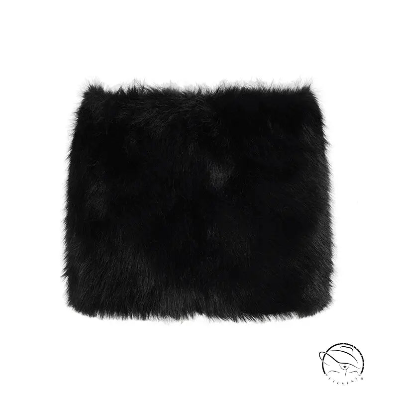 Langry fashion black faux fur scarf on furry stitching hip short skirt