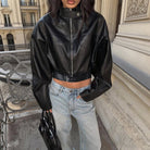 Fashionable Langry faux leather cropped jacket with high collar and zipper