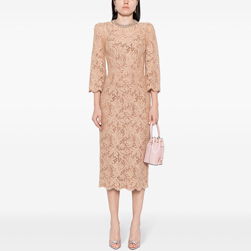Beige lace midi dress, part of the Elegant Slim Lace Dress collection by Langry fashion ملابس