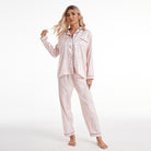 Soft pink satin langry pajamas with black piping, fashion ملابس homewear