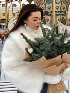 Gorgeous Langry faux fur fox jacket with white fur, brown accents, gold trim