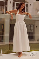 White halter-neck maxi dress in summer women wide camisole style