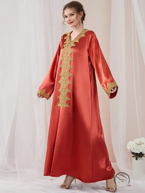Elegant embroidered langry fashion abaya in red satin with gold details