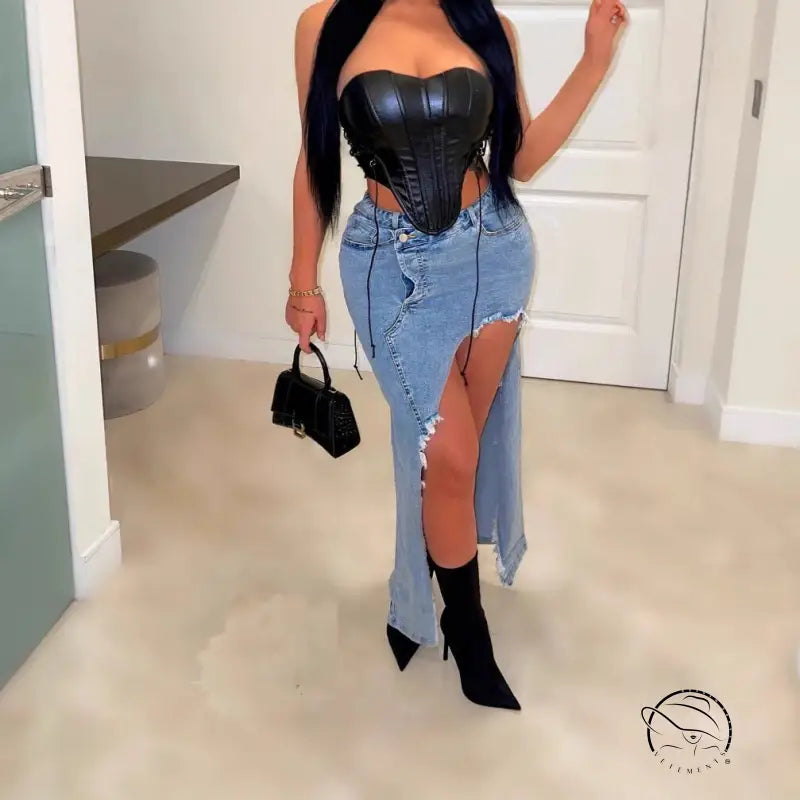Stunning hip stretch denim long skirt with side slit and black corset top