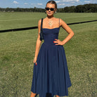 Navy blue midi dress from Beautiful Backless Sling Dress, a stylish addition to your fashion wardrobe