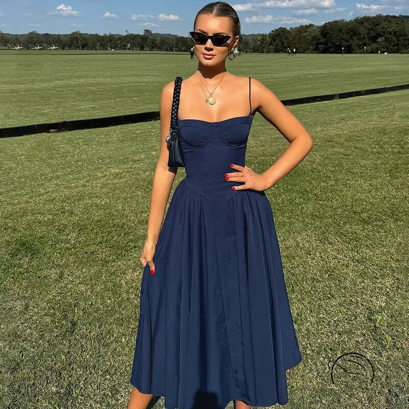 Navy blue midi backless sling dress