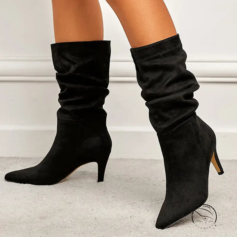 Spring Catwalk Wrinkled Surface Slip on Suede Stiletto Heel Women High Boots