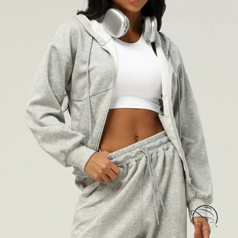 Gray zip-up casual cardigan sweater in hoodie and sweatpants set