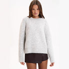 Light gray speckled wool alpaca long sleeve crew neck sweater