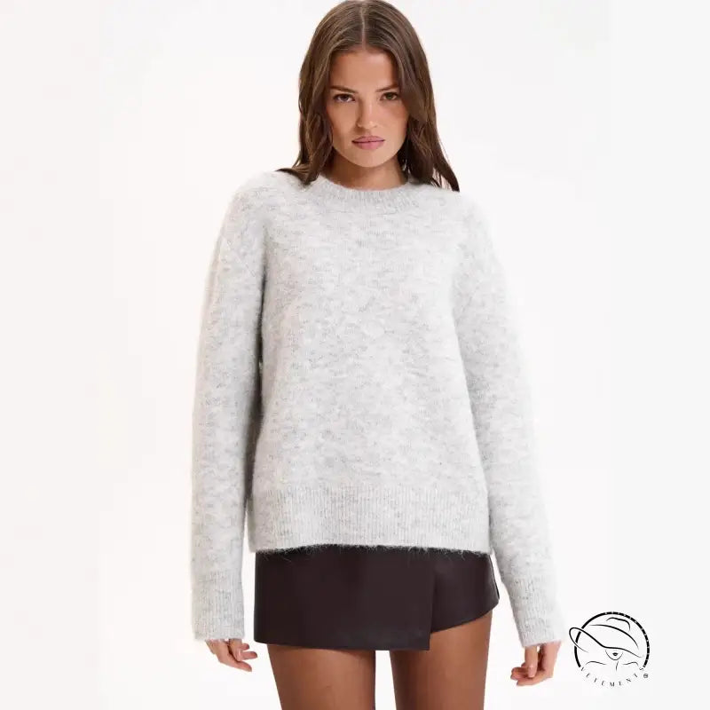 Light gray speckled winter loose long wool alpaca crew neck sweater