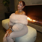 Langry fashion plush faux fur stole on winter high-waist slim jumpsuit