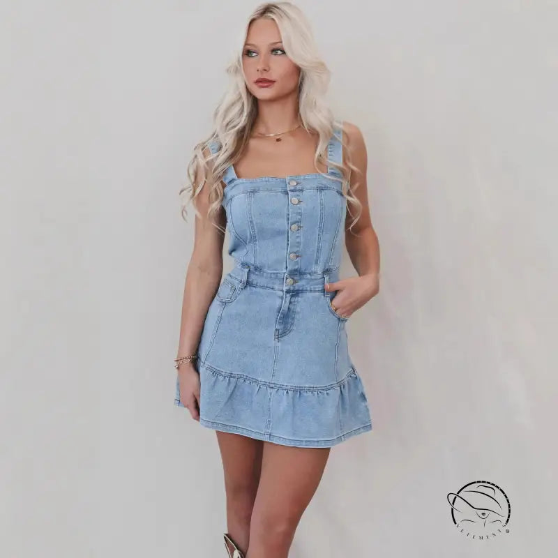 Light blue office suspenders denim dress with ruffled hem