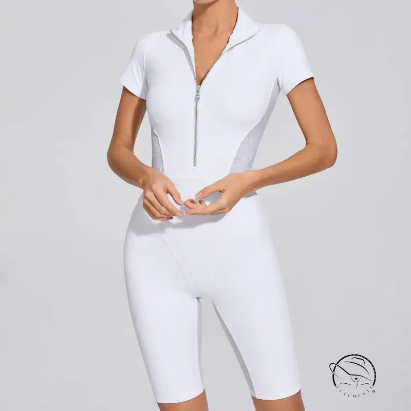 Tight Waist Open Collar Zipper Short Sleeve Yoga Jumpsuit Women Patchwork Fitness Sports
