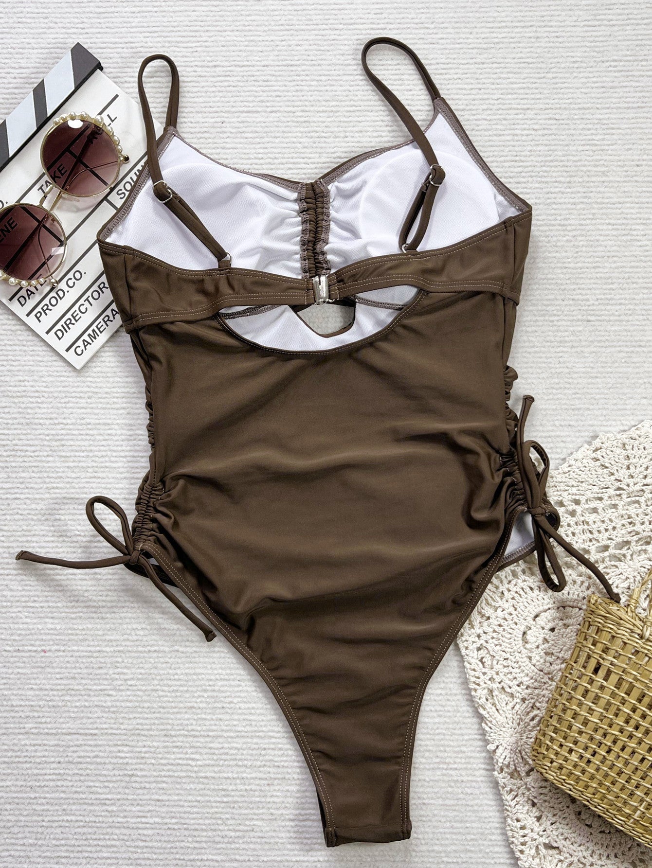 Brown Cutout Strap One Piece Swimsuit with side ties, perfect for stylish summer fashion