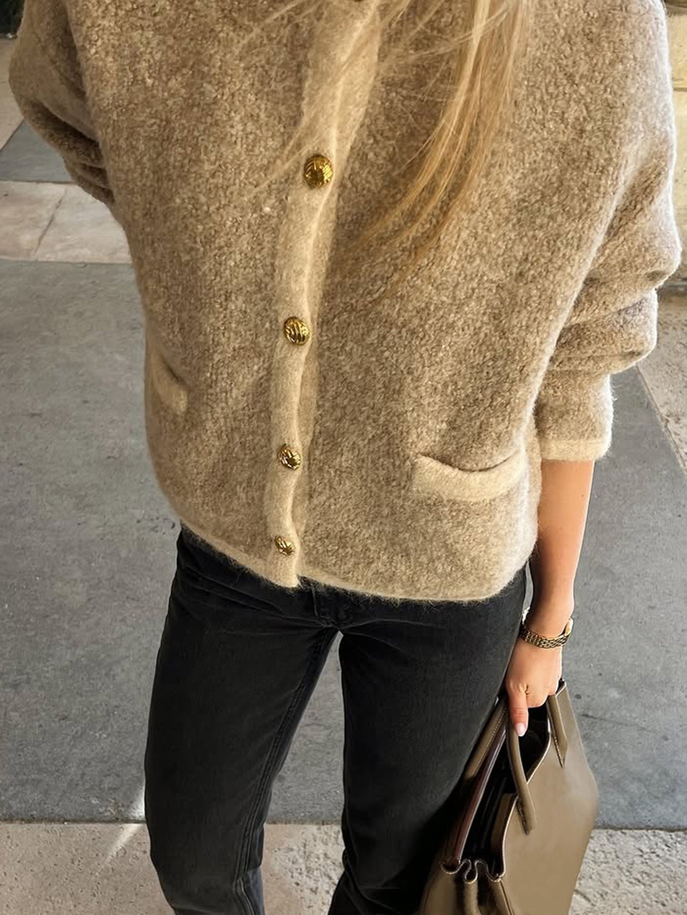 Cozy woolen shacket sweater in beige with gold buttons, regular sleeve, Langry fashion
