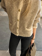 Cozy woolen shacket sweater in beige with gold buttons, regular sleeve, Langry fashion