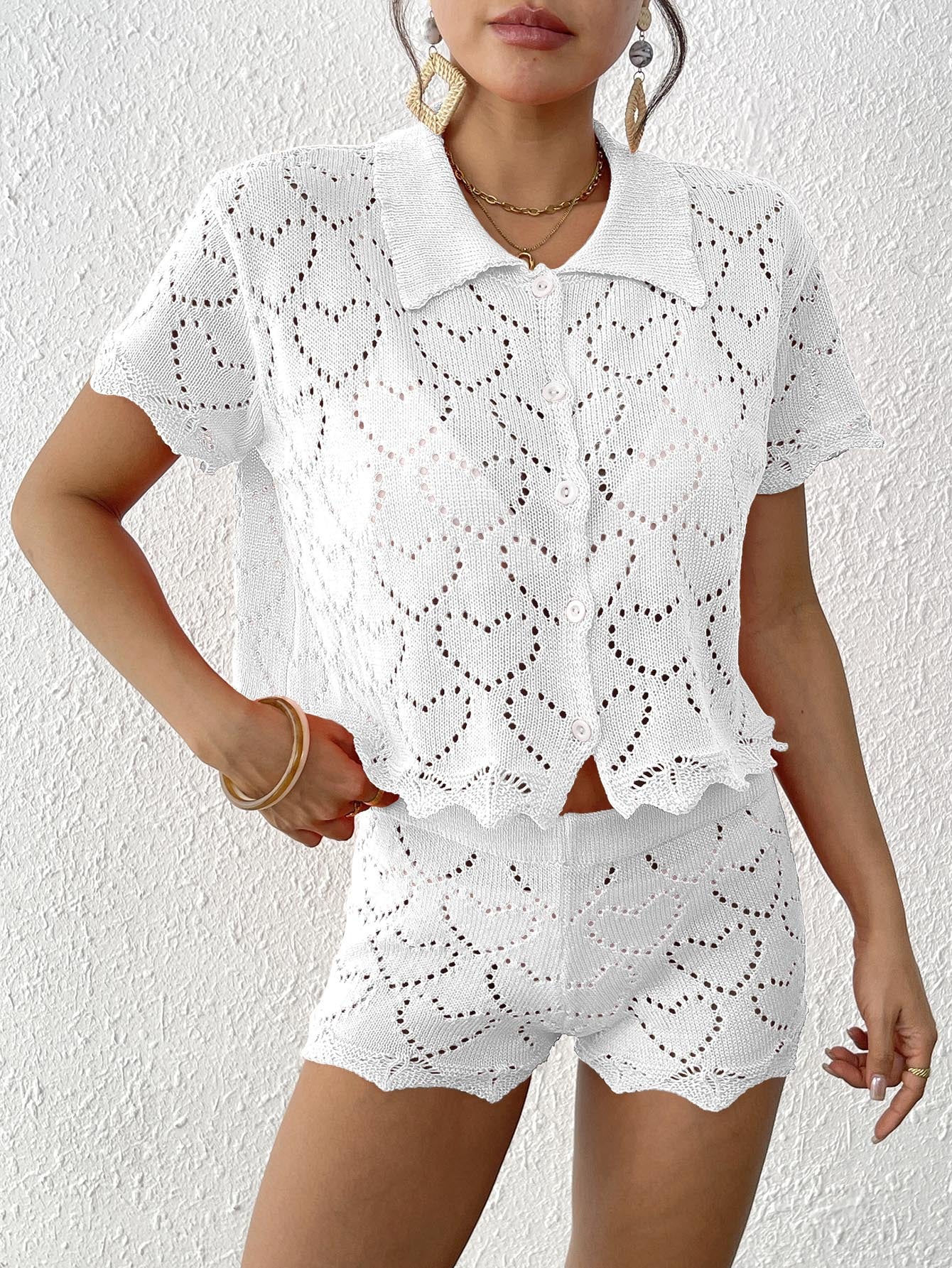 White crochet heart-patterned shorts set from Beautiful Beach Sets for stylish summer fashion