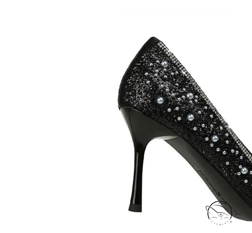 Langry fashion black glitter stiletto pump with pearl bowknot accents