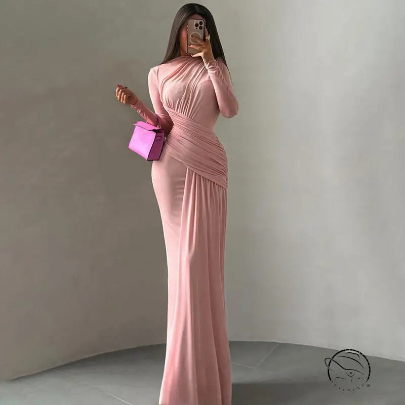 Pink winter pleated slim fit dress with long sleeves and high neckline