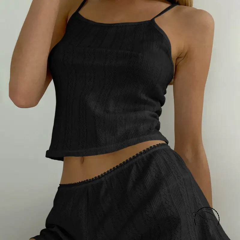 Black ribbed knit crop top with lace trim in Langry fashion pajamas