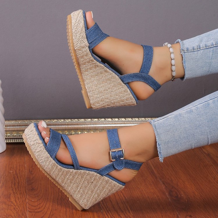One Strap Wedge Sandals Women Platform Cloth High Heel Straw