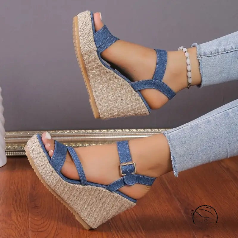 One Strap Wedge Sandals Women Platform Cloth High Heel Straw